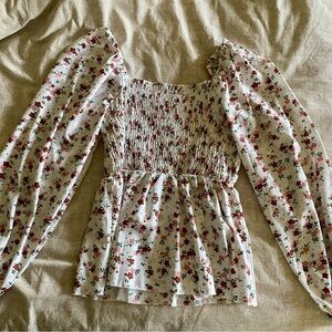 SHEIN White Floral Smocked Square-Neck Peplum Top